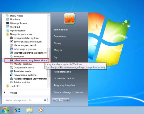 Rysunek 15. Uruchomienie narzędzia Łatwego transferu w systemie Windows 7.