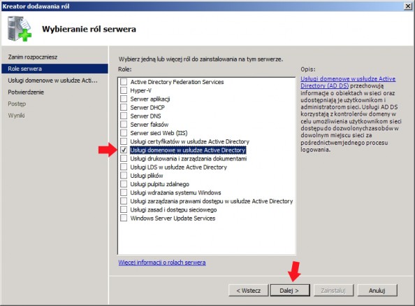 Rysunek 7. Zaznaczenie opcji Usługi domenowe w usłudze Active Directory.