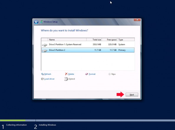 Rysunek 9. Wybór partycji, na której zostanie zainstalowany system Windows Server 2012..