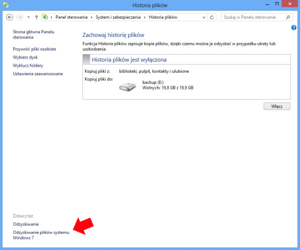 Widok zakładki odzyskiwania plików systemu Windows 7