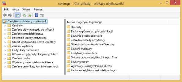 Okno zawierające zestaw certyfikatów przypisanych do bieżącego użytkownika