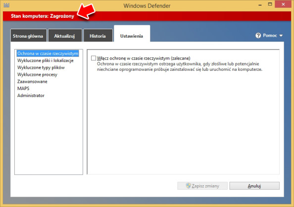 Rysunek 5. Informacja o zagrożeniu komputera spowodowana wyłączeniem Windows Defendera.