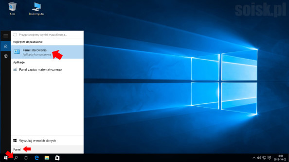 Uruchomienie Panelu sterowania w systemie Windows 10.
