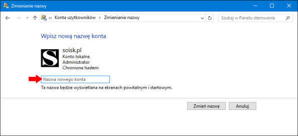 Zmiana nazwy konta w systemie Windows 10.