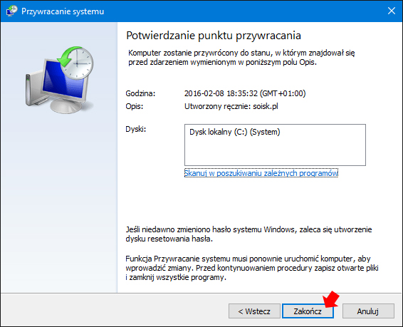 Rozpoczęcie procesu przywracania plików i ustawień w systemie Windows 10.