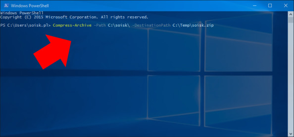 Tworzenie archiwum w systemie Windows 10 poleceniem Compress-Archive.