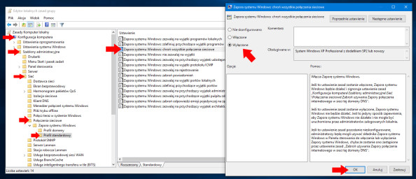 Wyłączenie Zapory sieciowej systemu Windows 10 przy użyciu edytora lokalnych zasad grup (gpo).