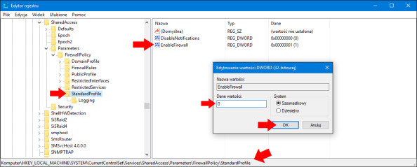 Wyłączenie Zapory sieciowej systemu Windows 10 przy użyciu edytora rejestru.