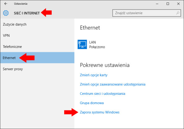 Wybór zakładki Ethernet w systemie Windows 10.
