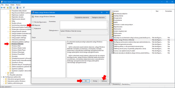 Wyłączenie usługi Windows Defender przy zastosowaniu Lokalnych Zasad Grup.