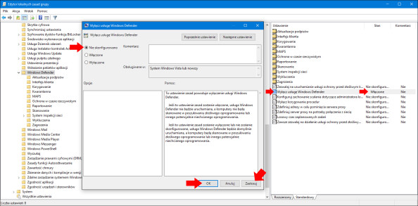Włączenie usługi Windows Defender przy zastosowaniu Lokalnych Zasad Grup.