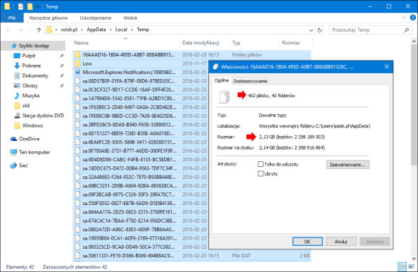 Podgląd zawartości folderu TEMP w systemie Windows 10.