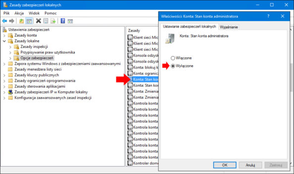 Aktywowanie konta Administratora w systemie Windows 10 za pomocą Zasad zabezpieczeń lokalnych.