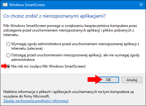 Wyłączony filtr Windows SmartScreen w systemie Windows 10.