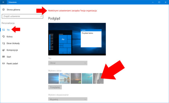 Widok zablokowanej możliwości zmiany tapety pulpitu w systemie Windows 10.