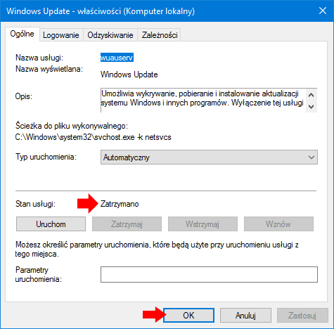 Wyłączenie usługi Windows Update poleceniami PowerShell.