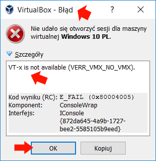 Problem u uruchomieniem programu VirtualBox.