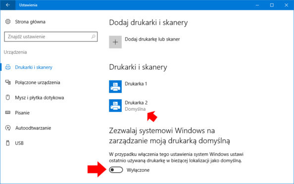 Wyłączenie opcji "Zezwalaj systemowi Windows na zarządzanie moją drukarką domyślną".