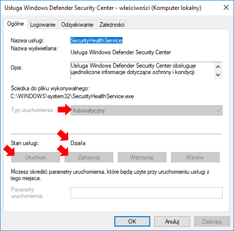 Widok działającej w systemie Windows 10 usługi Windows Defender Security Center
