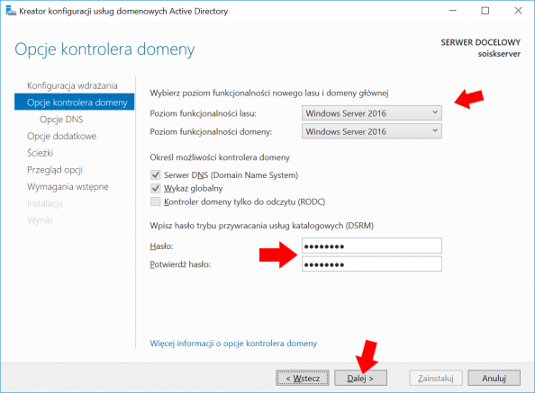 Konfiguracja usług domenowych Active Directory w systemie Windows Server 2016.