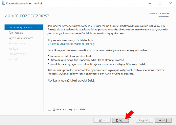 Okno kreatora dodawania ról i funkcji w systemie Windows Server 2016.