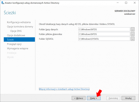Konfiguracja usług domenowych Active Directory w systemie Windows Server 2019.