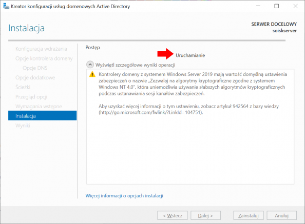 Konfiguracja usług domenowych Active Directory w systemie Windows Server 2019.