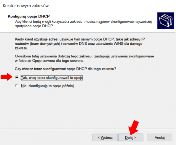 Konfiguracja usługi DHCP - widok okna kreatora nowych zakresów w Windows Serwer 2019.