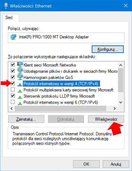 Zmiana właściwości karty sieciowej w systemie Windows 10.