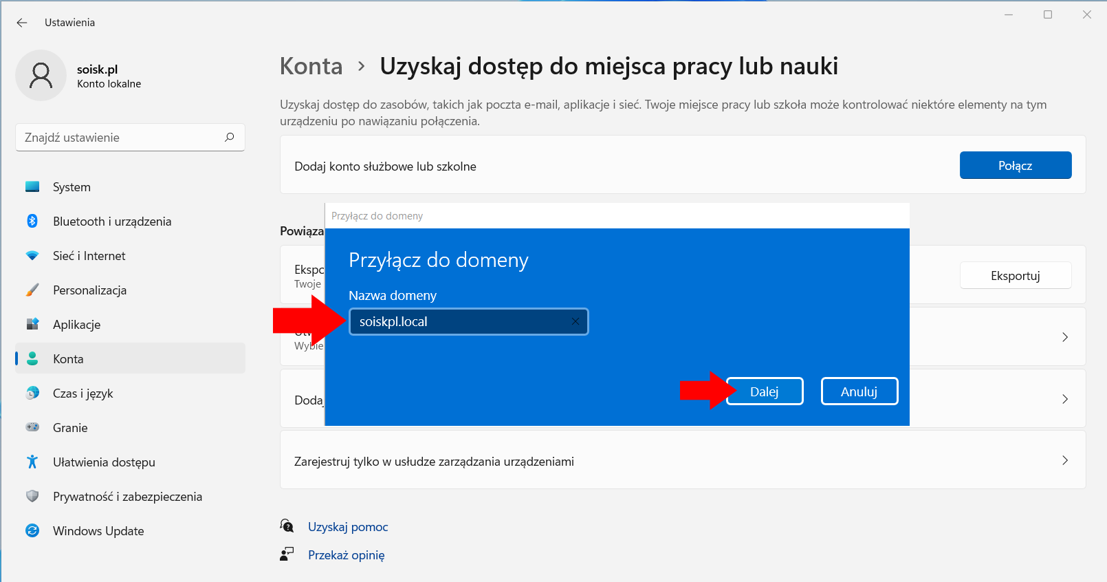 Krok 12. Przyłączenie komputera działającego pod kontrolą Windows 11 do domeny.