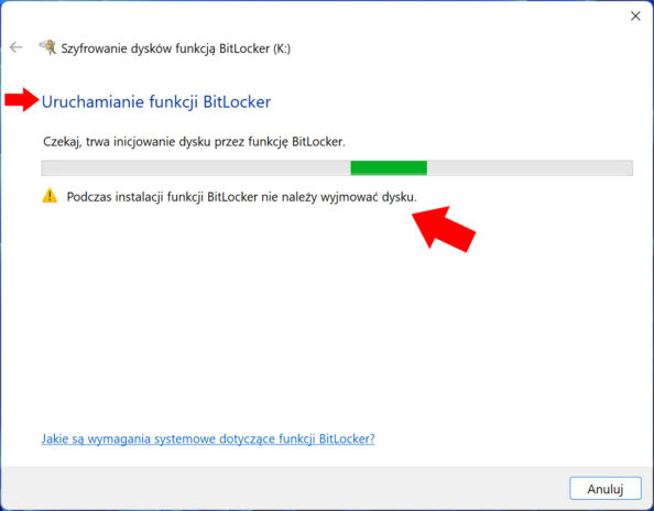 Rozpoczęcie procesu inicjowania dysku przez funkcję BitLocker w systemie Windows 11.